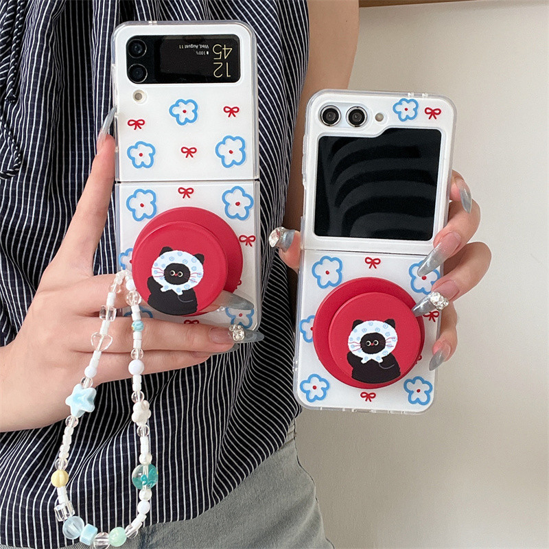 การ์ตูนดอกไม้สีฟ้าแมวดําวงเล็บแม่เหล็กเคสโทรศัพท์สําหรับ Samsung Galaxy Z Flip 7 6 5 4 3 Z Flip7 ZFlip7 กันกระแทก – โปรปัง