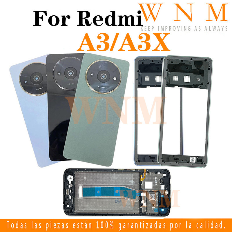 สําหรับ Redmi A3 / A3X 2312912N51x จอแอลซีดี กรอบด้านหน้าฝาฝาหลังแบตเตอรี่ + กรอบกลาง + ชิ้นส่วนกรอบรูปกล้องเคสด้านหลังที่อยู่อาศัยศูนย์ฝาครอบแชสซี + ปุ่ม