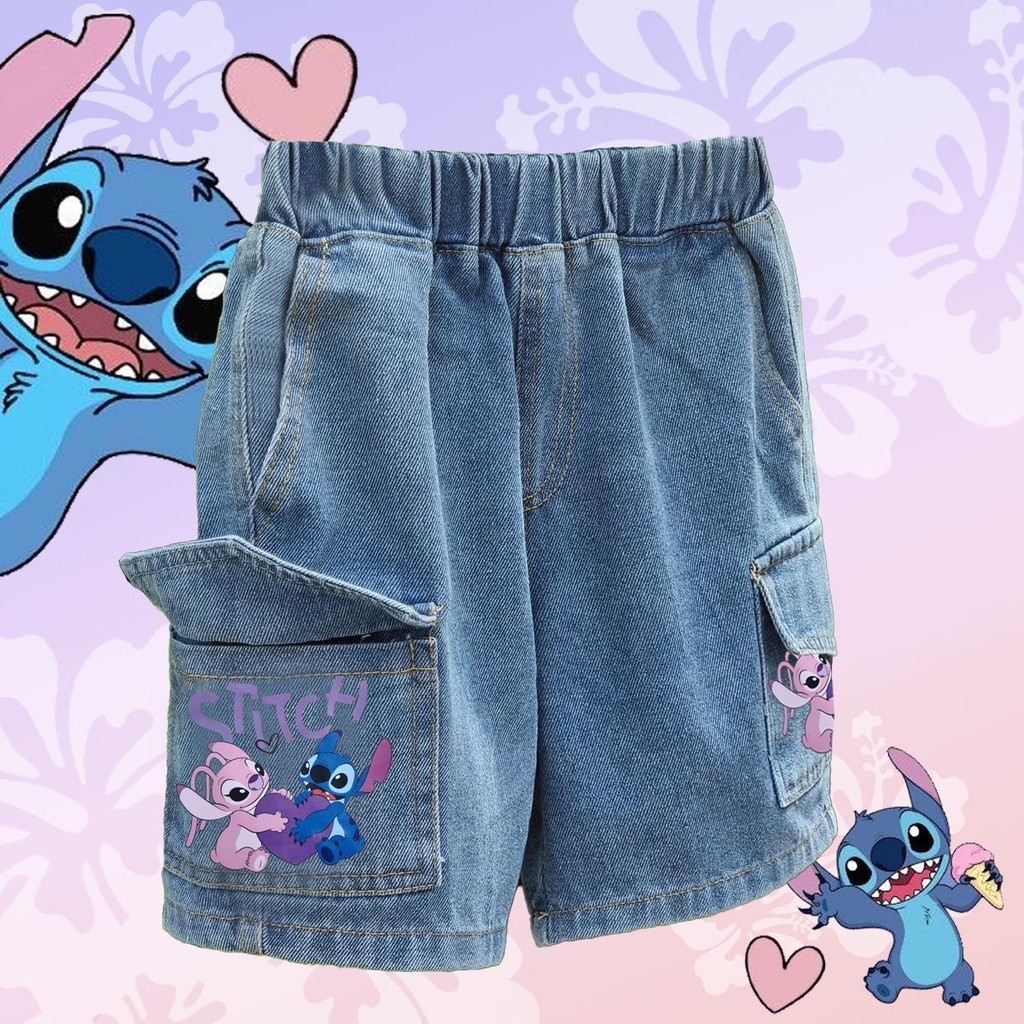 PINKกางเกงยีนส์คาร์โก้ขาสั้นเด็ก กระเป๋าแต่งลายน่ารัก เด็กชาย เด็กหญิง กระเป๋าข้าง ยีนส์แท้คอตตอน ใส่สบาย 159#