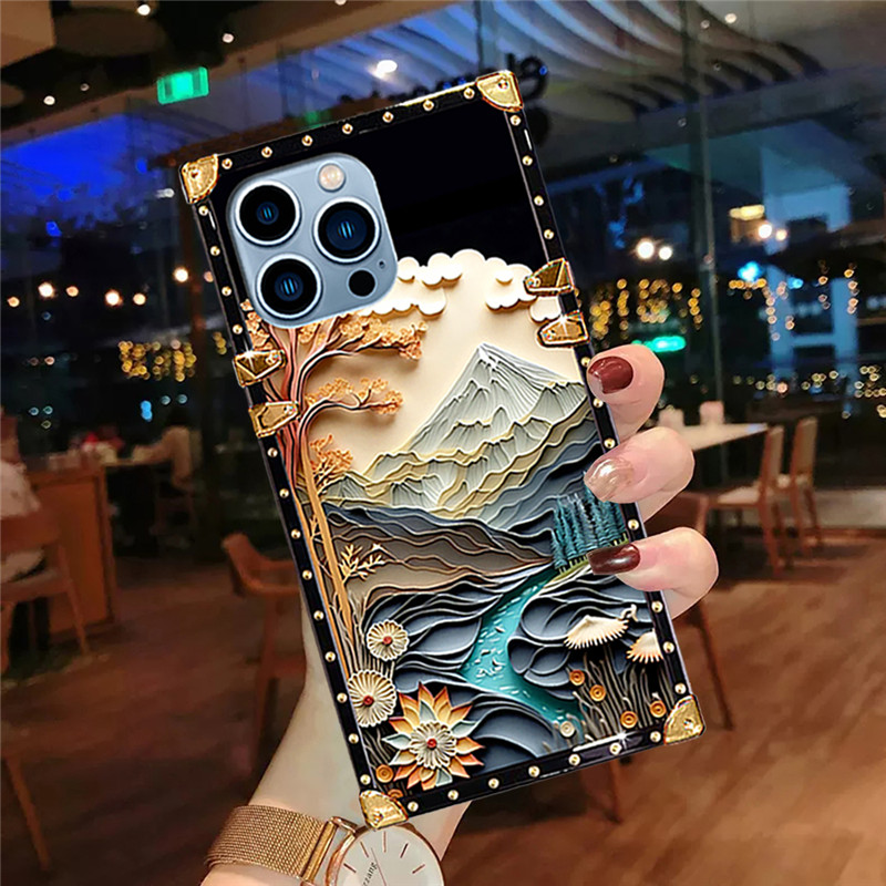 ปลอก iphone 16 Pro Max 15 14 13 12 11 XR XS 8 7 6 Plus แฟชั่นภาพวาดภูมิทัศน์สแควร์กันกระแทกโทรศัพท์มือถือกรณี