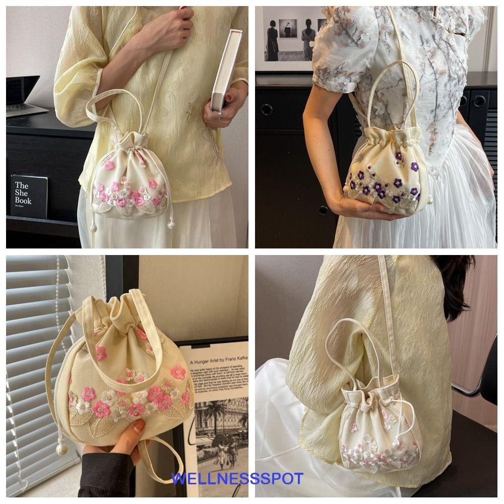 Wellnessspot Hanfu Drawstring Bag,สไตล์ชาติพันธุ์จีนเย็บปักถักร้อยดอกไม้กระเป๋าถือ,แฟชั่นไหล่กระเป๋าHanfuอุปกรณ์เสริมกระเป๋าดอกไม้กระเป๋าสุภาพสตรี/หญิง