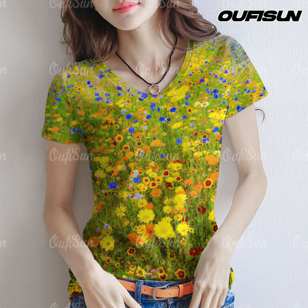2025 แฟชั่นใหม่เสื้อพิมพ์ลายดอกไม้ 3ง แขนสั้นคอวีด้านบนเสื้อยืดที่มีสีสันที่สวยงามด้านบนระบายอากาศหลวมขนาดใหญ่เต็มสาวเสื้อ