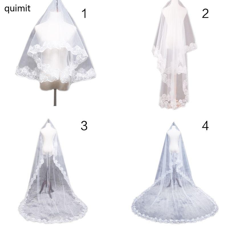 Quim 1 5 2 3 5M 1 ชั้นผู้หญิงเจ้าสาวสีขาวยาวงานแต่งงาน Tulle Veil กว้างปักดอกไม้ Applique ลูกไม้ขอบไม่มี Co