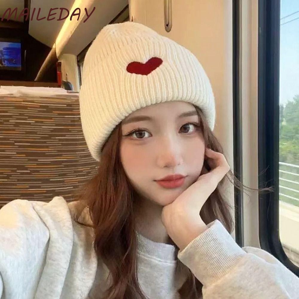 Maile หมวกถักฤดูหนาว,หมวกบีนนี่สีทึบกันลม,หัวใจนุ่มเย็บปักถักร้อยหนาอบอุ่นโครเชต์หมวก Bonnet