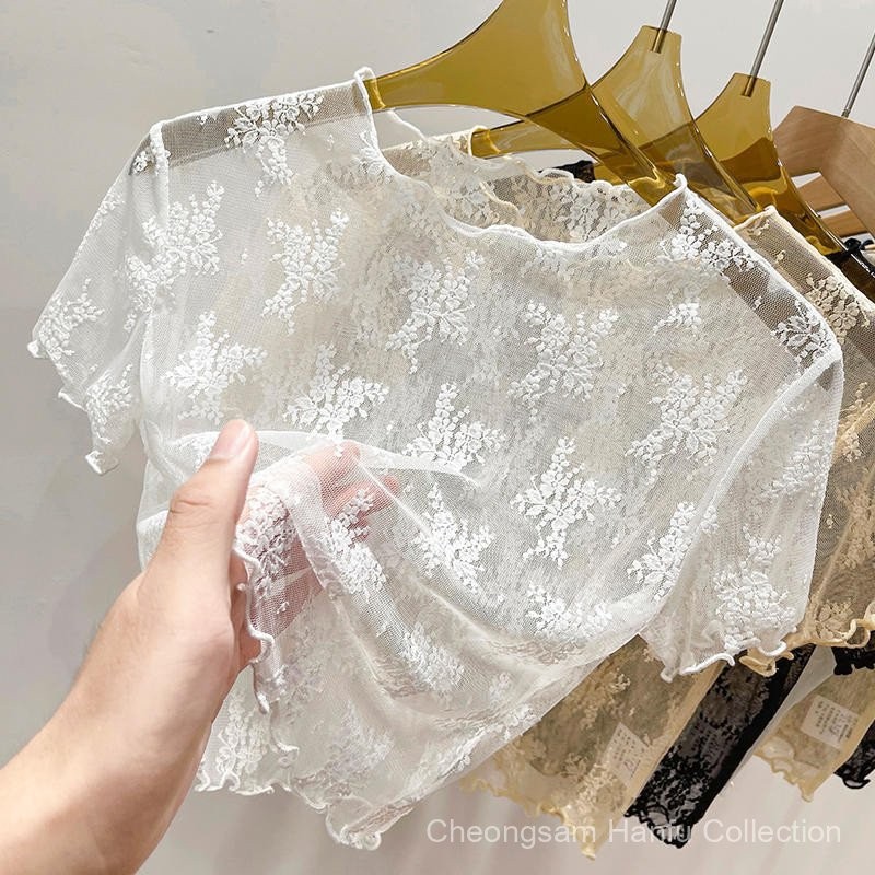 Local shipping ผู้หญิงฤดูร้อนลูกไม้แขนสั้นกลวงตาข่ายเสื้อ
