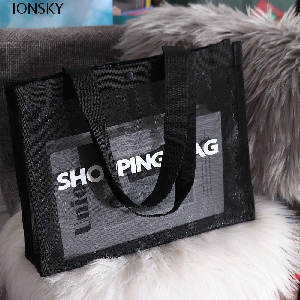 Ionsky กระเป๋าช้อปปิ้งตาข่ายใส, ไหล่เดี่ยวสีดําความจุขนาดใหญ่ Tote Bag, Breathable Hasp Nylon Crossbody Bag Travel Storage Bag Girl