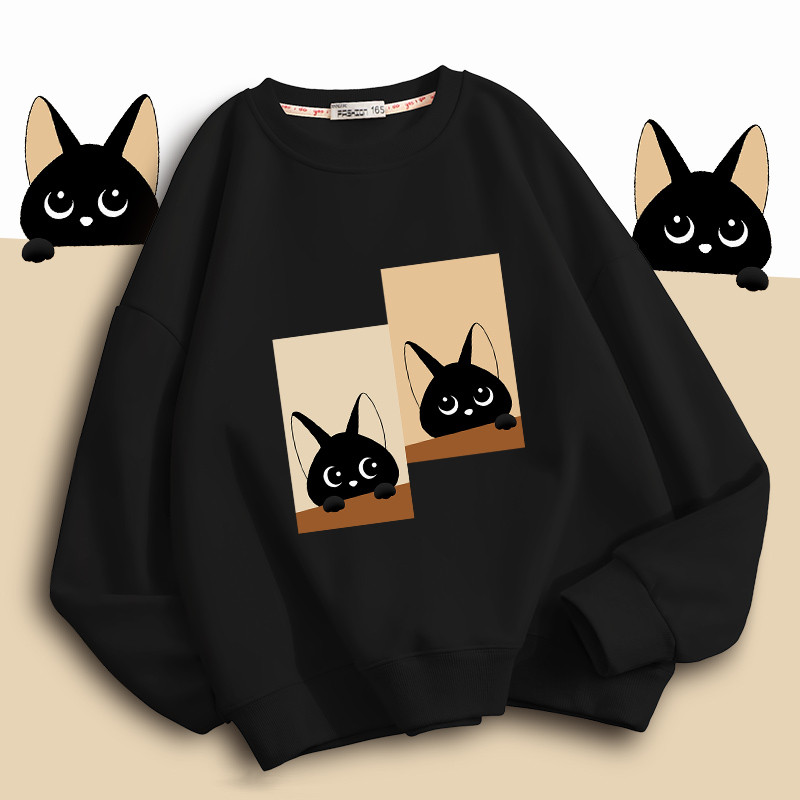 เสื้อสเวตเตอร์สำหรับผู้หญิงในฤดูหนาว เสื้อที่มีรูปสองตัวแมวดำพิมพ์อยู่, ปากทรงกลม สไตล์เกาหลี, 100% ผ้าฝ้ายแขนยาว