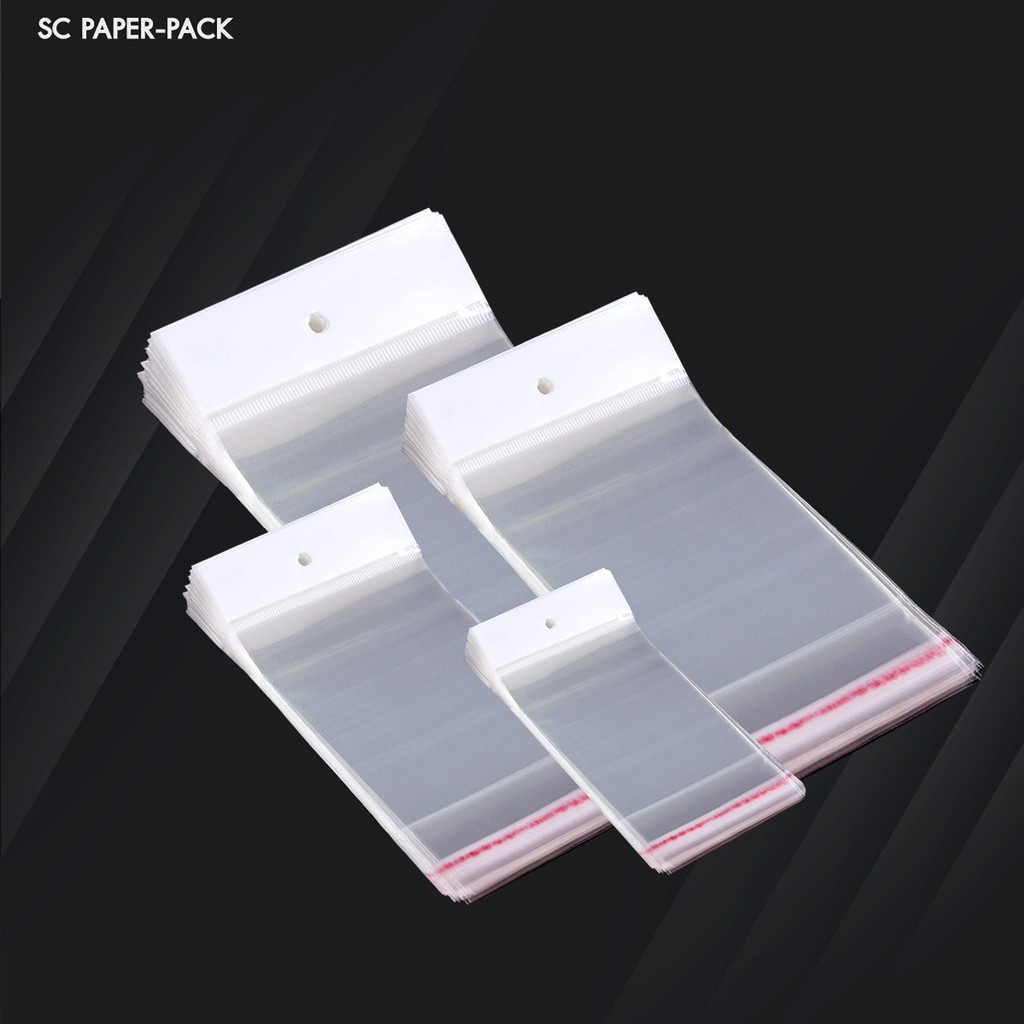 SC Paper-Pack ถุงพลาสติก OPP เจาะรูแขวนแถบขาว มีแถบกาว แพ็ค 100 ใบ