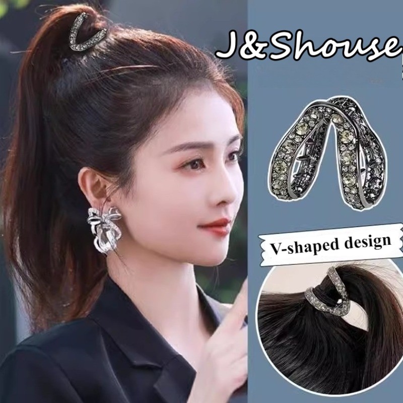 เคเอฟ941 สาวเกาหลีผมหางม้าสูงโลหะสามเหลี่ยม พลอยเทียม สีดําผมกรงเล็บคลิปผู้หญิงอุปกรณ์เสริม