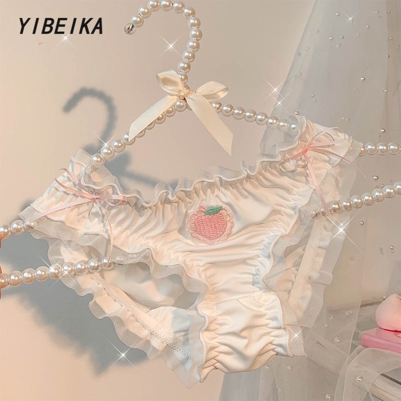 กางเกงชั้นในเซ็กซี่สไตล์ญี่ปุ่น ฤดูร้อนหวานดอกทิวลิปเย็บปักถักร้อยลูกไม้ เนื้อผ้าลูกไม้บางเบา ระบายอากาศได้ดี พีชดี