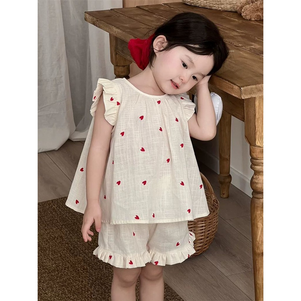 ฤดูร้อนเด็กหัวใจปักบินแขนทารกเสื้อสูทสาวเวอร์ชั่นเกาหลีเสื้อกั๊กด้านบน + กางเกงลูกไม้ชุดสองชิ้น - รูปที่ 5