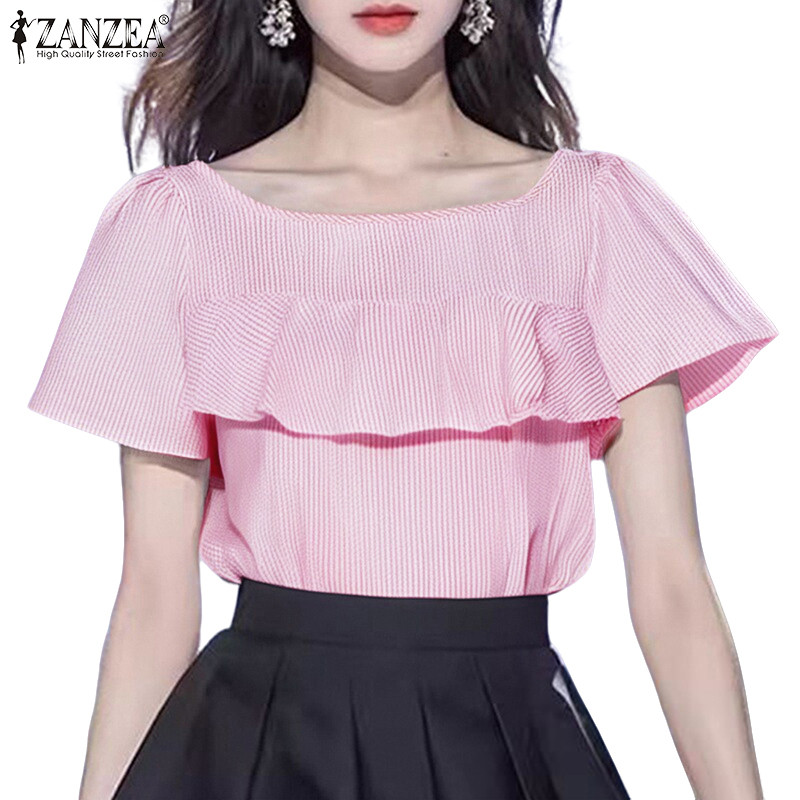 ZANZEA ผู้หญิงเกาหลี U คอสุ่มพิมพ์ลูกไม้ตัดแขนสั้นคอกลมเสื้อ