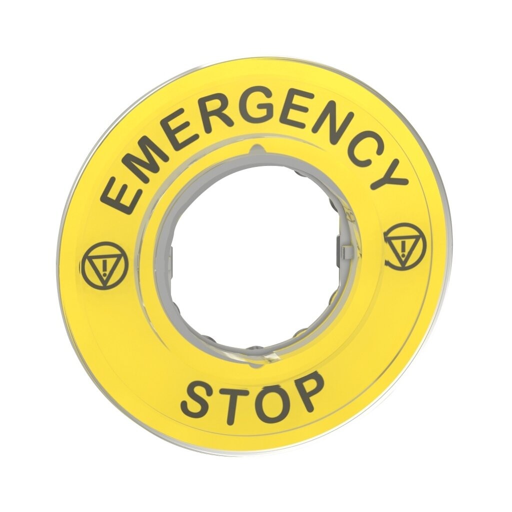 "SCHNEIDER" ZBY9320 แผ่นเนมแพลท วงกลม Ø60mm รูปุ่มขนาด Ø22mm (Emergency Stop 3D Legend Plate)