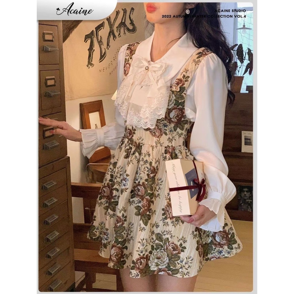 French Style Mid-Ancient Shirt Retro Dress High-Grade Jacquard Women's Vienna Suit Autumn BowSlimmin