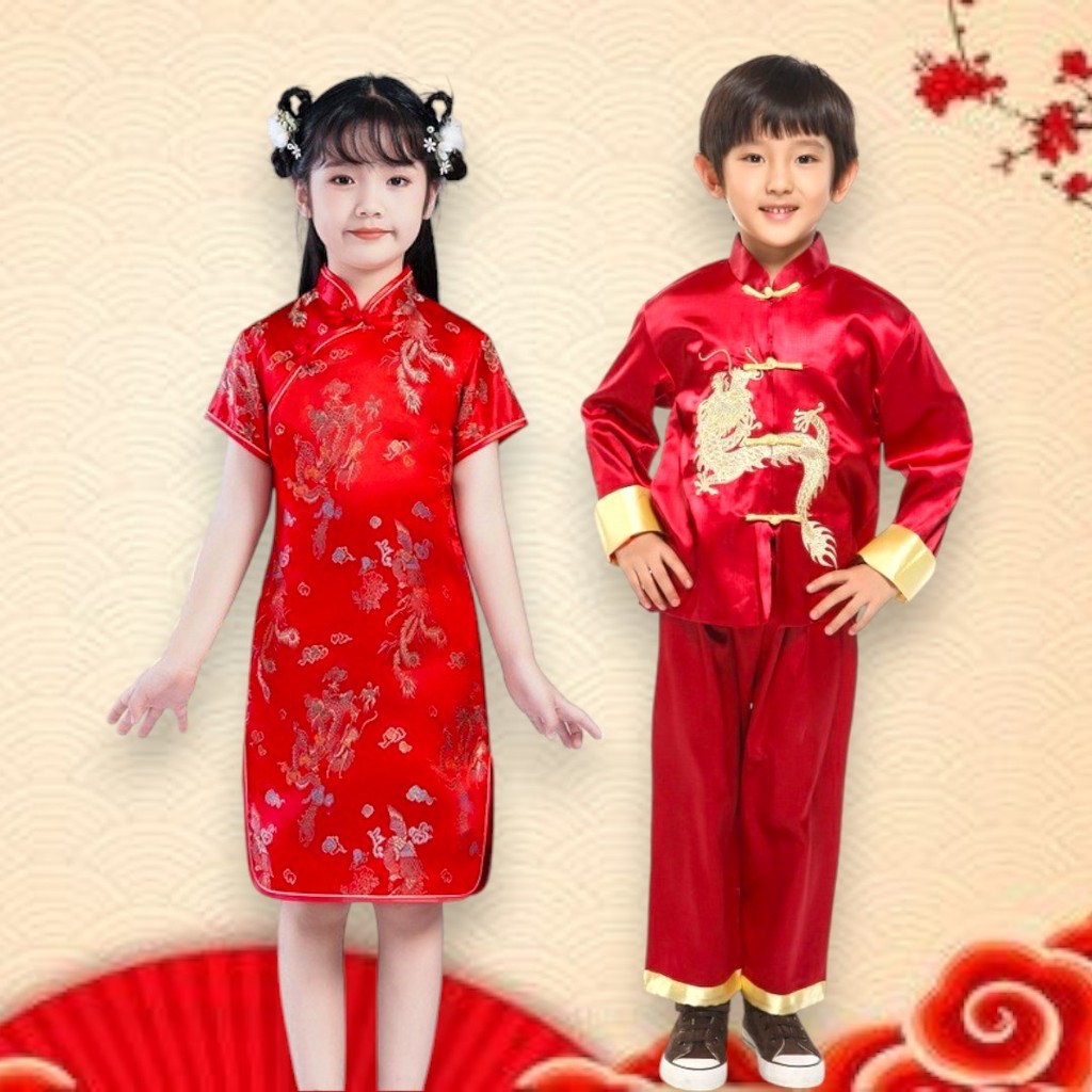 YUI ถูกที่สุด (ส่งไว)ชุดกี่เพ้าเด็ก ตรุษจีน ผู้หญิง/ผู้ชาย สไตล์จีน สีแดง พร้อมส่งในไทย #TRU001