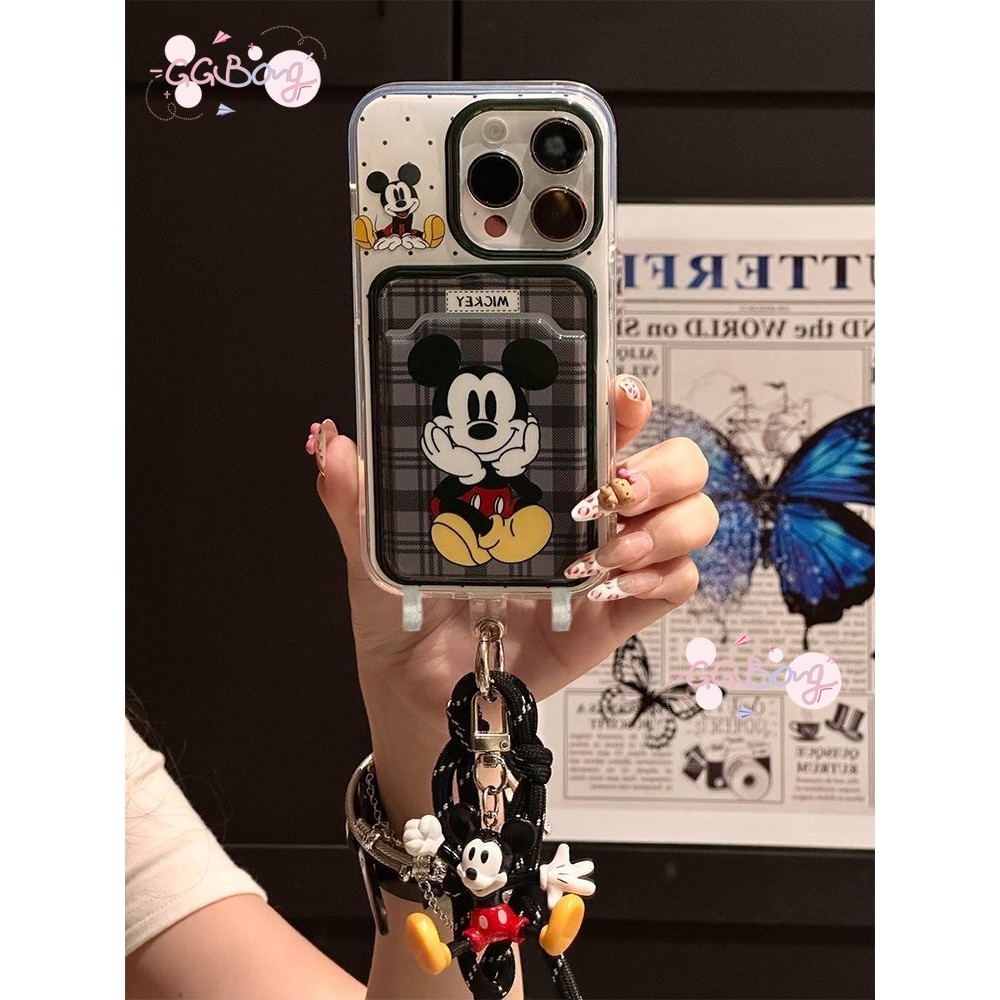 วินเทจมิกกี้หรูกระเป๋าสตางค์ช่องใส่บัตรสายคล้องคู่ เคสไอโฟน 16 XR 11 13 15 14 12 Pro Max 7 14 15 16 8 Plus X XS Max