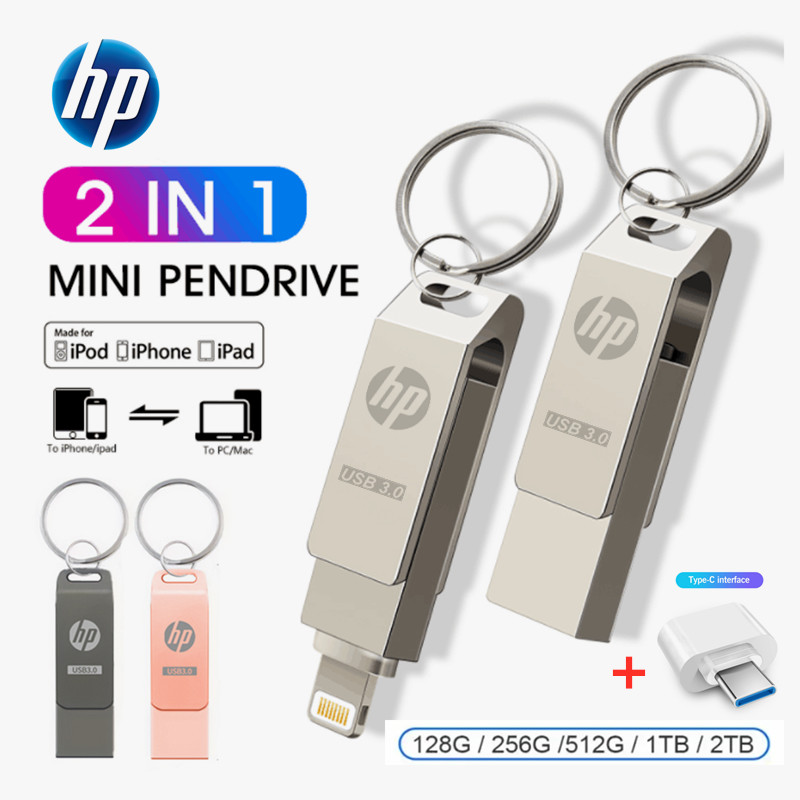 Hp 2 in1 Pendrive 512GB 1TB 2TB OTG USB แฟลชไดรฟ์ Memory Stick สําหรับ iPhone14/13/12/11/X/8/7/6 iPad iPod PC