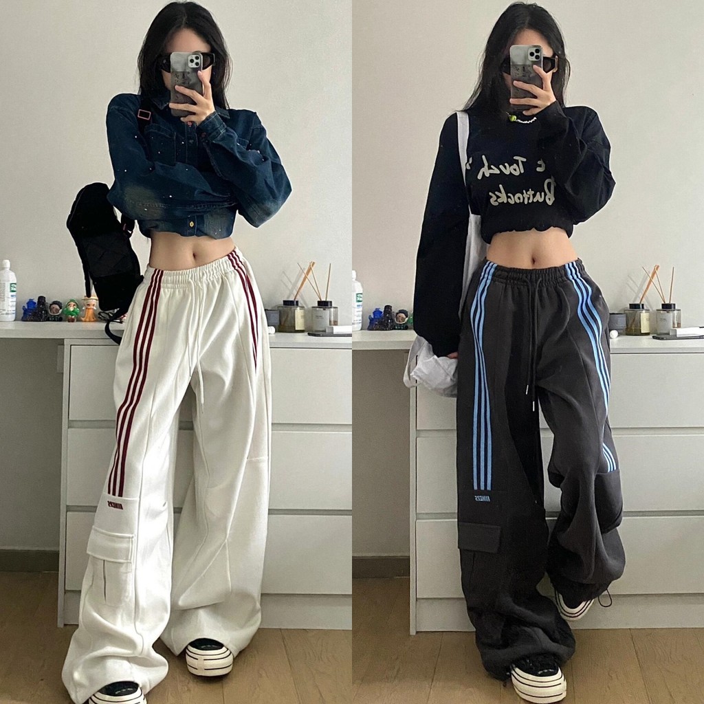 Bonnie กางเกงขากว้างสไตล์สตรีท ลำดับใหม่ ขายาวทรงกระบอก ลายแถบด้านข้าง มีกระเป๋ามาก สำหรับสาวสไตล์#3926-NZ-H