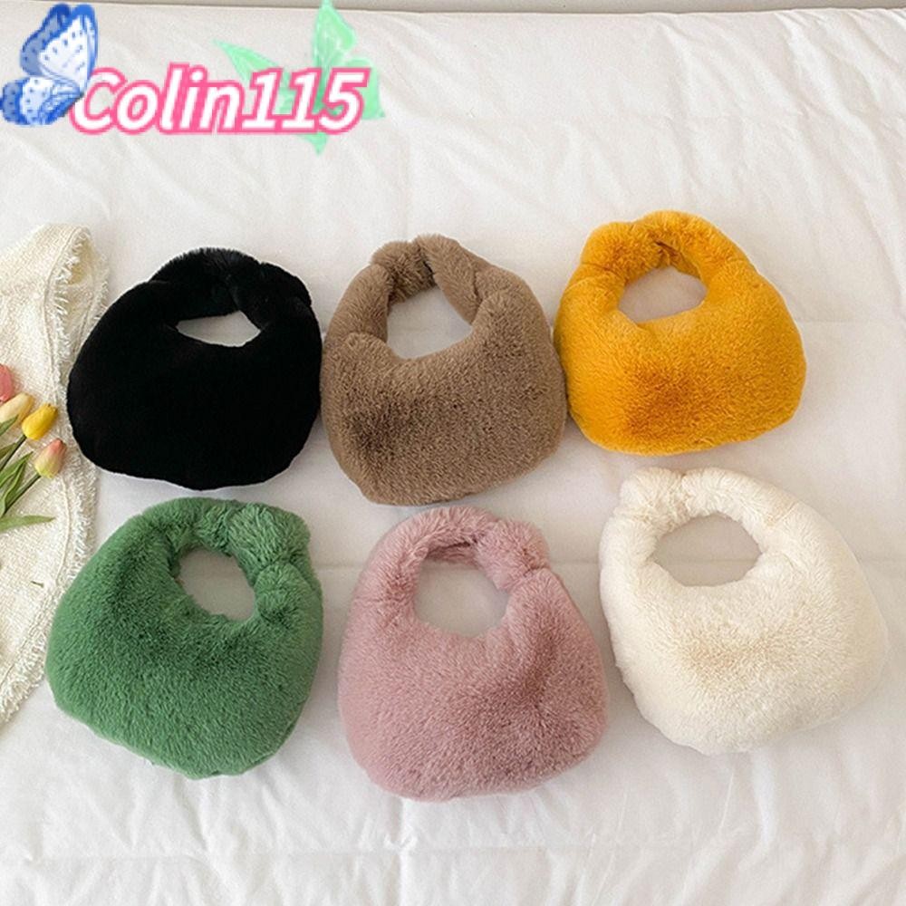 Olin115 กระเป๋าถือขนสัตว์แฟชั่น Warm Plush Furry Half Moon Bag