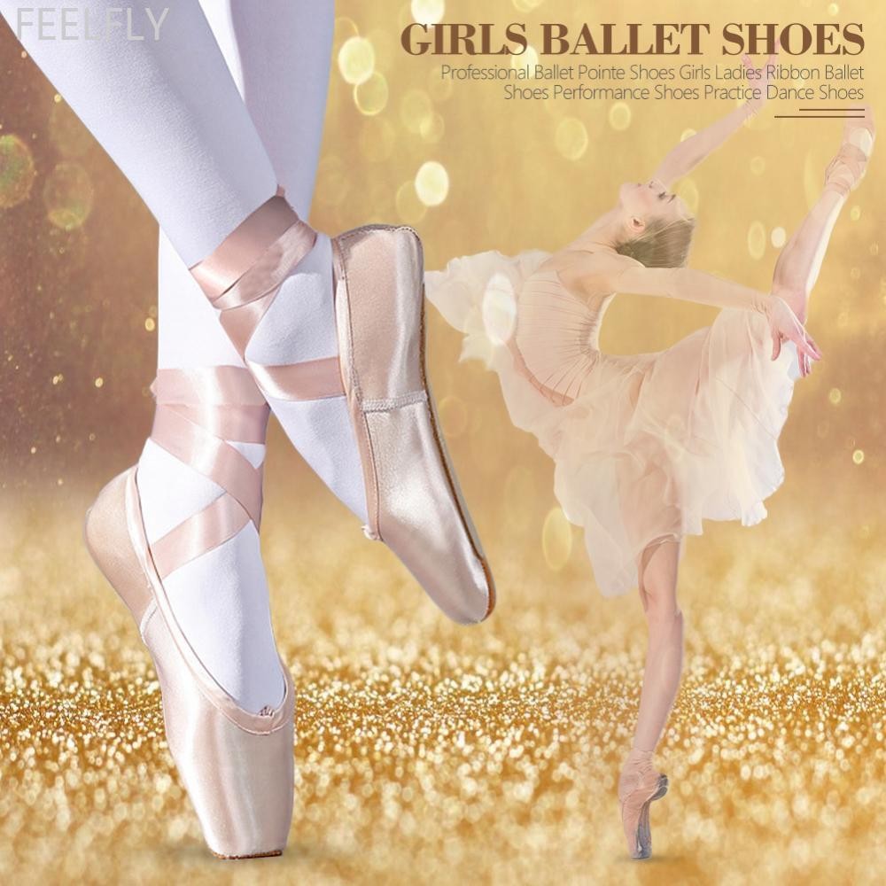 Feelfly Professional Ballet Pointe รองเท้าสาวสุภาพสตรีริบบิ้นบัลเล่ต์รองเท้าประสิทธิภาพรองเท้าฝึกรองเท้าเต้นรํา H5K1