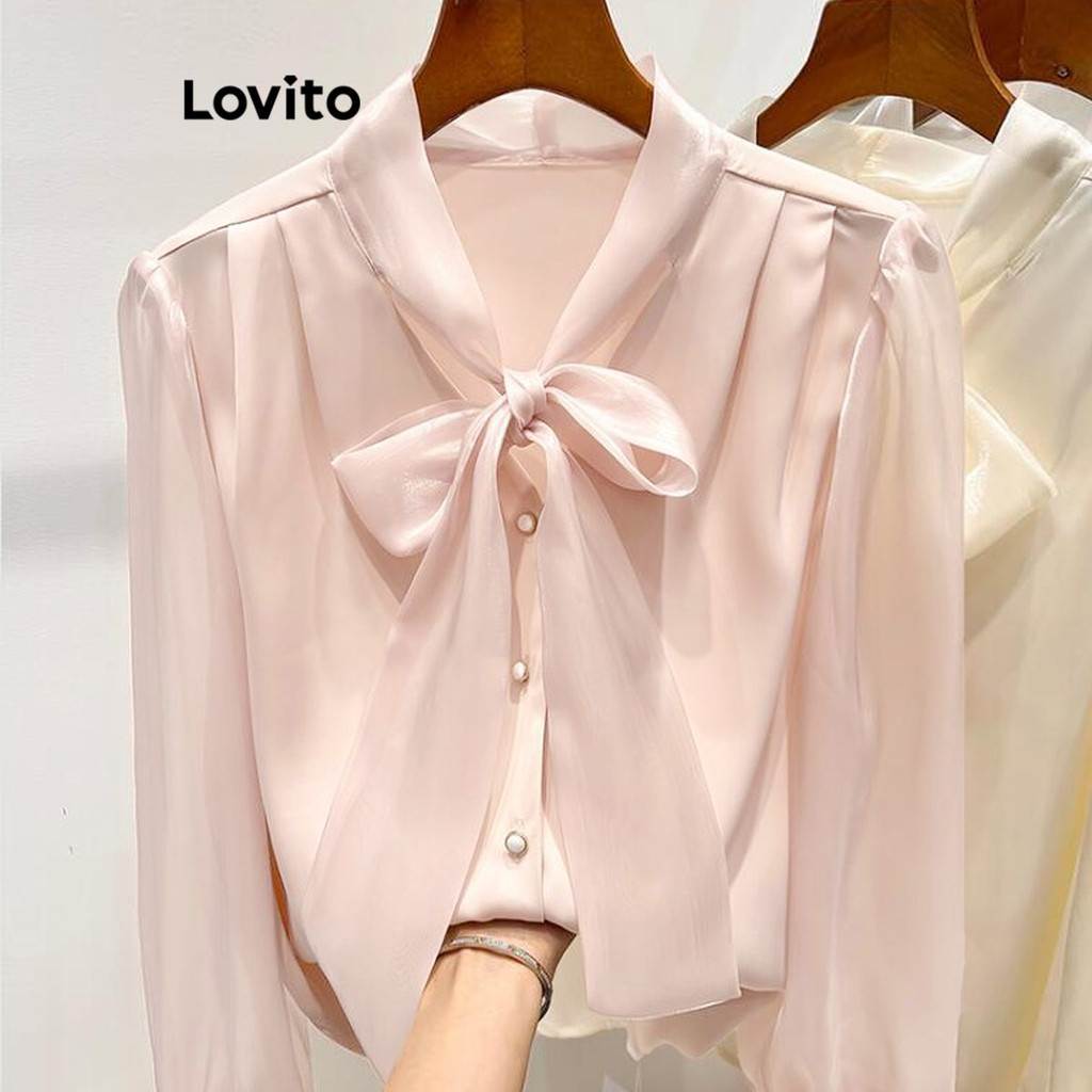 Lovito เสื้อเบลาส์ผู้หญิง เย็บแต่งผ้าโปร่ง แบบผูกหน้า สีพื้น สไตล์หรูหรา LNL71071