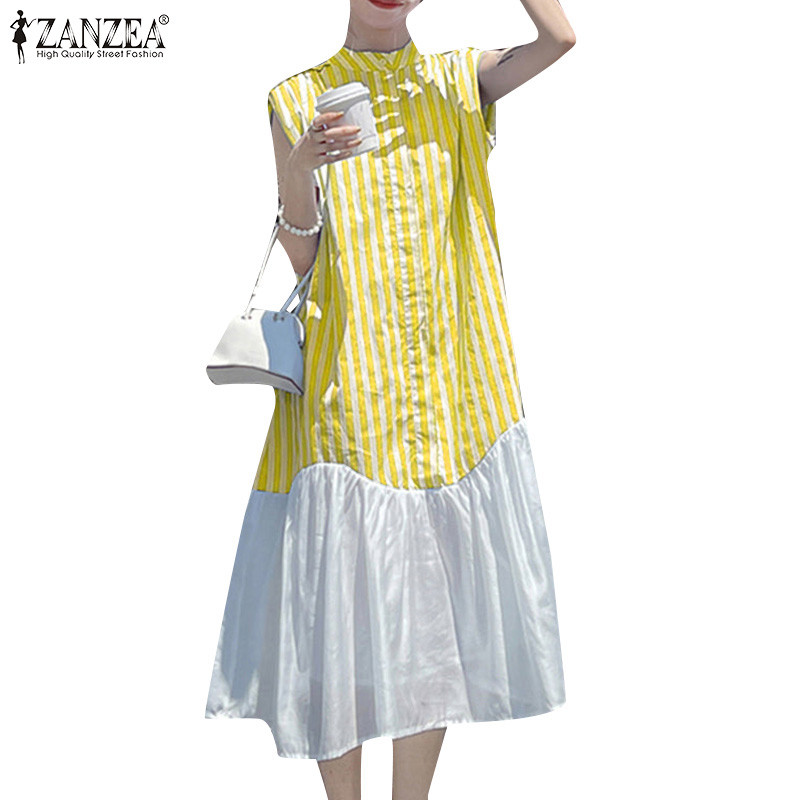 ZANZEA ใส่ ซานเซีย ผู้หญิงวันหยุดเกาหลีกลางความยาวยืนปกแขนกุดลายชุด