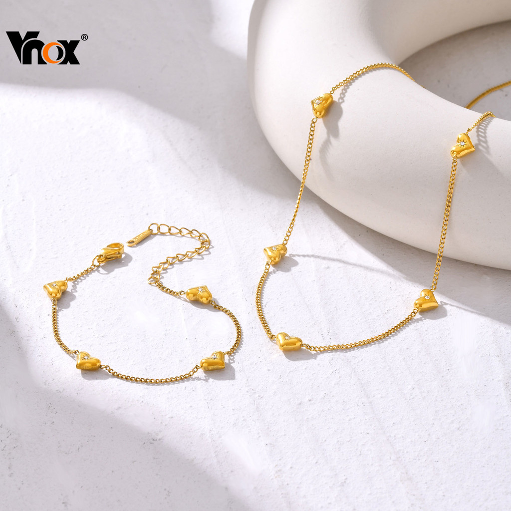 Vnox ชุดสร้อยข้อมือสร้อยคอเพชรรูปหัวใจสําหรับผู้หญิง,ทอง 18K Ins Simple สร้อยคอชุดเครื่องประดับ Fine