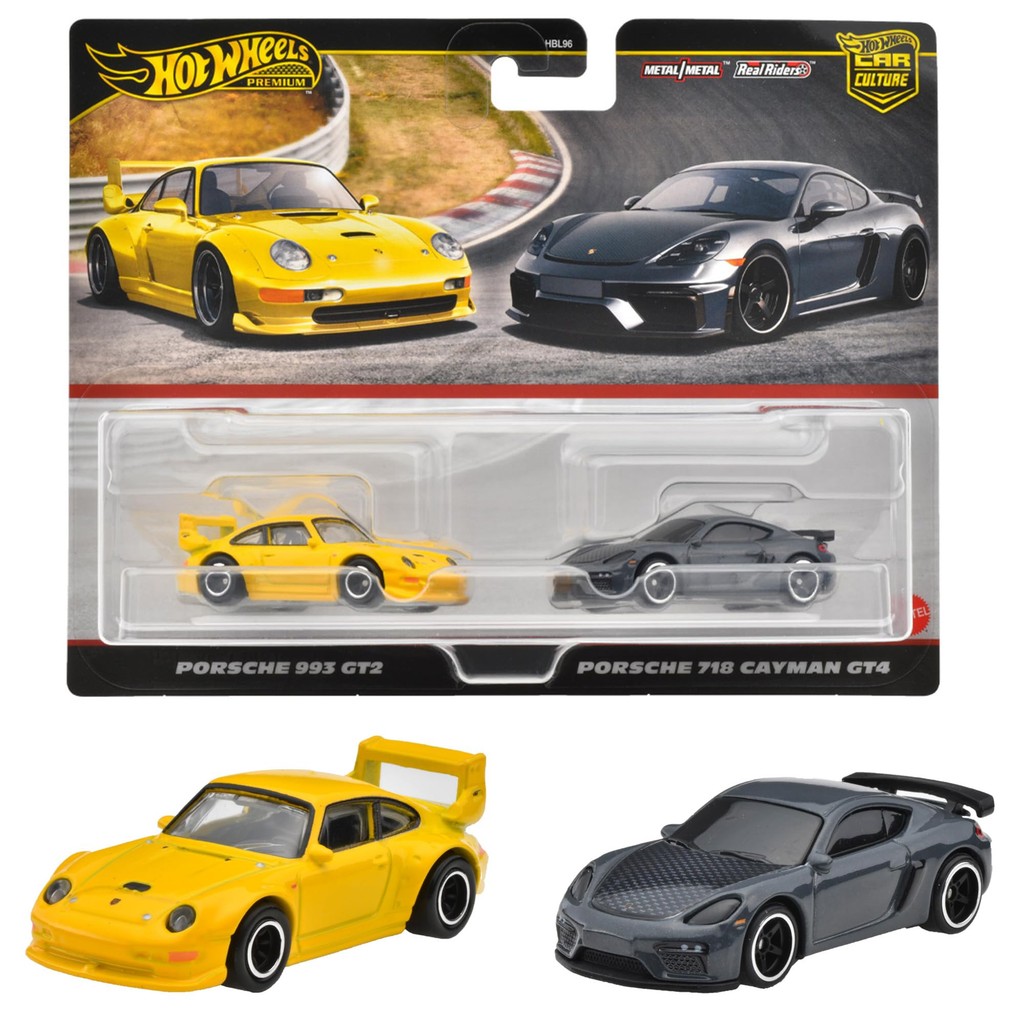 Hot Wheels Premium 2 Pack Porsche 993 GT2/ Porsche 718 Cayman GT4 Die-Cast Toy Cars Ages 3+ Multi HR