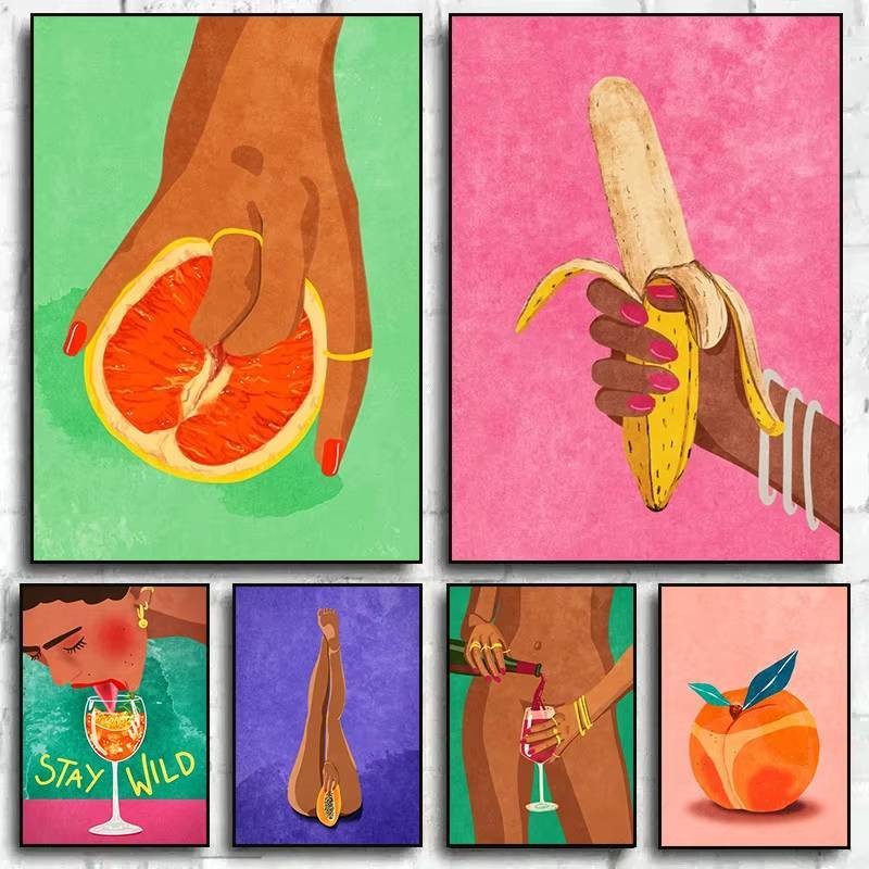 ตลกที่มีสีสันผู้หญิง Body Parts Art โปสเตอร์ผ้าใบพิมพ์ Art ไวน์แดงผลไม้ผู้หญิง Wall Art ภาพวาดตลกห้องน้ํา Decor