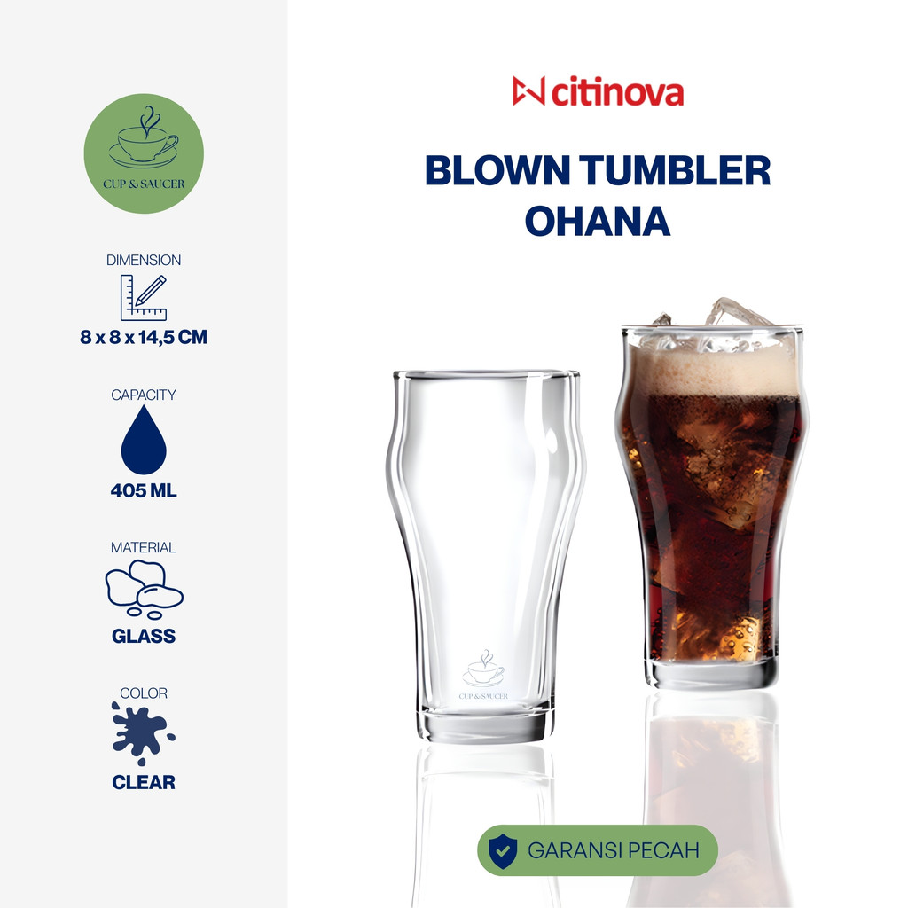 Citinova Glass Tumbler Ohana 8 cm Clear 405 ml ถ้วยแก้วชากาแฟน้ําผลไม้ความงาม