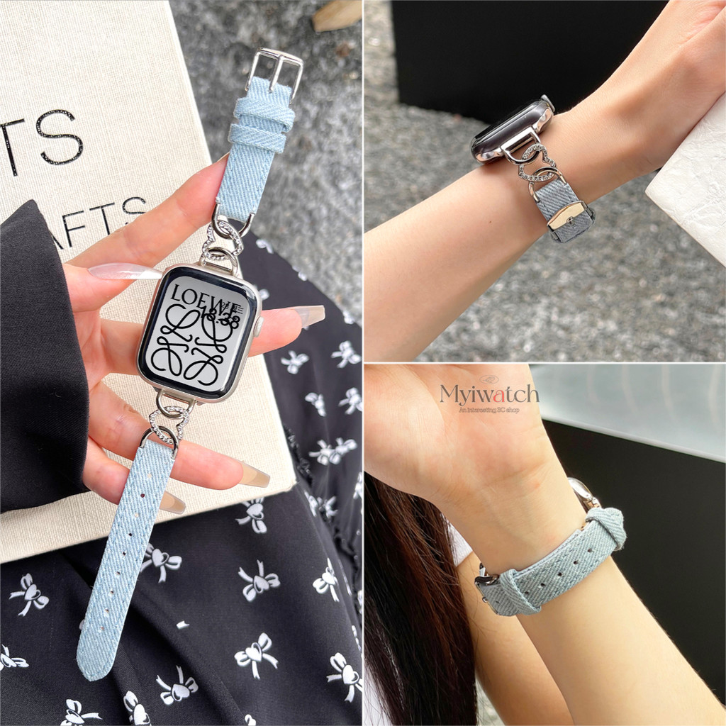 รักโลหะประกบผ้าใบสายหนังยีนส์สําหรับ ฉันดู ชุด พิเศษ iwatch Series 10 9 8 7 6 SE 5 4 3 2 1บางหัวใจเพชรโลหะออกแบบสายรัดข้อมือ iwatch 46 มม.42 มม.45 มม.49 มม.41 44 40 มม