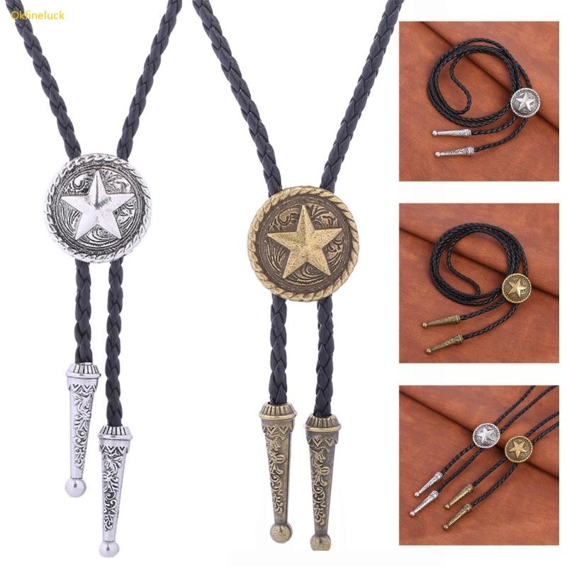 Okfi Bolo Tie เนคไทคาวบอย Punk Faux หนังเชือกสร้อยคอ Star จี้