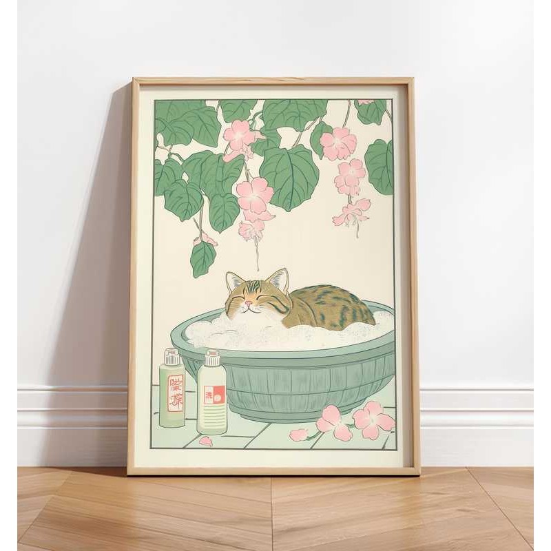 Tabby cat in อ่างอาบน้ํา พิมพ์ผ้าใบ Fox Owl Duck กบศิลปะห้องน้ําญี่ปุ่น wall art decor