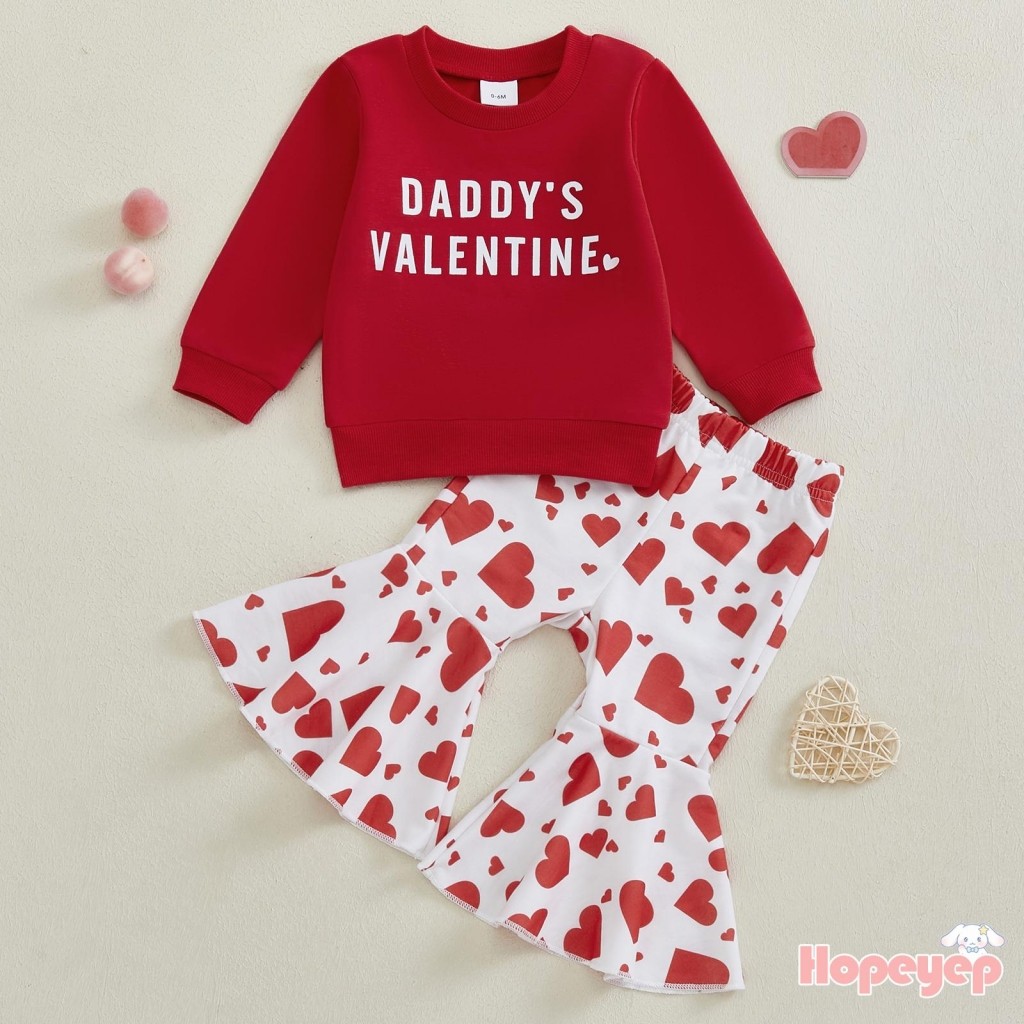 Zjtjj-toddler Girl ชุดวันวาเลนไทน์เสื้อยืดแขนยาวพิมพ์ลายตัวอักษรกางเกงขาบานลายหัวใจ 2 ชิ้น