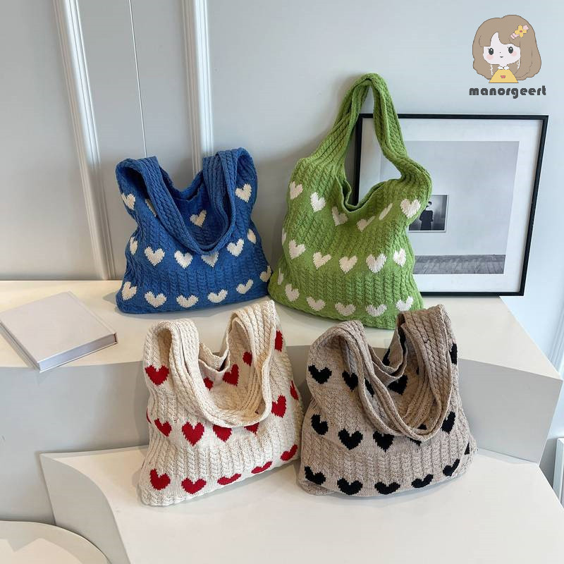 [LO] Love Heart Graphic ถัก Tote Bag แฟชั่นทอกระเป๋าสะพายความงามโครเชต์กระเป๋าสําหรับผู้หญิง TH
