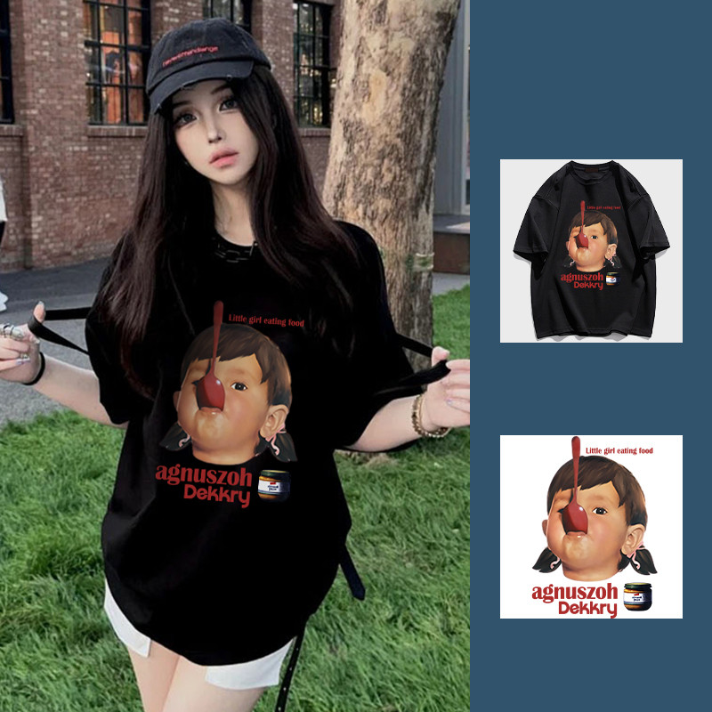 เสื้อยืดผู้หญิงสไตล์เกาหลี เสื้อเชิ้ต oversize (S-3XL) คอกลมลายการ์ตูน