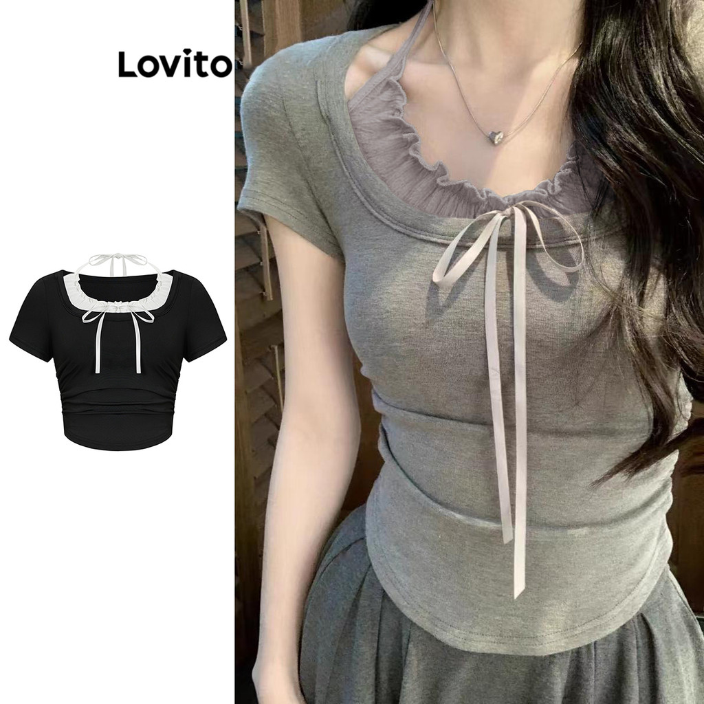Lovito เสื้อยืดผู้หญิง ปลอม 2 อิน 1 สีพื้น สไตล์ลำลอง LNA60454(หลากสี)