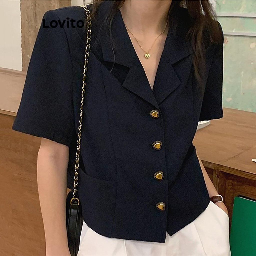 Lovito เบลเซอร์ผู้หญิง มีกระดุม สีพื้น สไตล์ลำลอง LNM66173