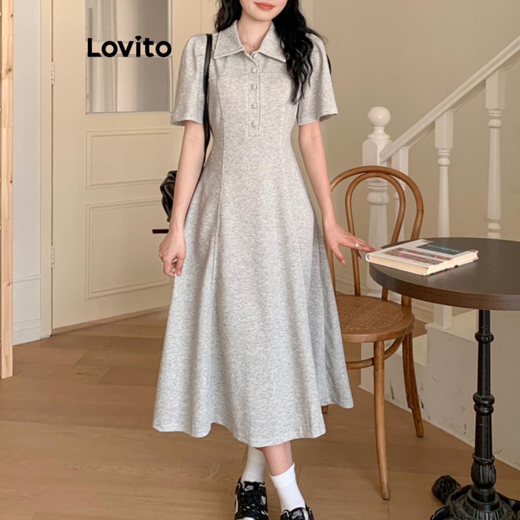 Lovito สีพื้น สไตล์ลำลอง มีกระดุม เดรสผู้หญิง LNM67085