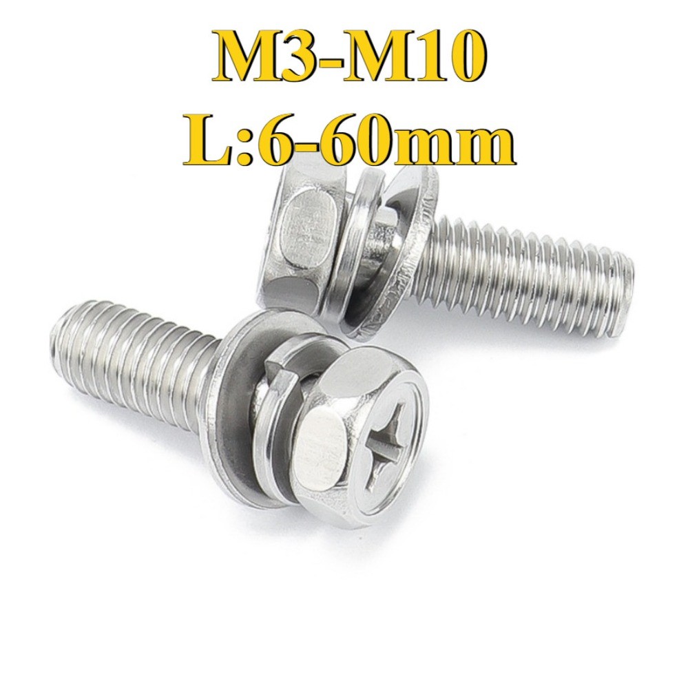 น็อต สกรู หัวหกเหลี่ยม แฉก สวมแหวน อีแปะ+สปริง สแตนเลส 304 เกลียวมิล หยาบ / Indented Hex Machine Screw สแตนเลส 304 M3/M4/M5/M6/M8/M10 (HJC-WDM-1)