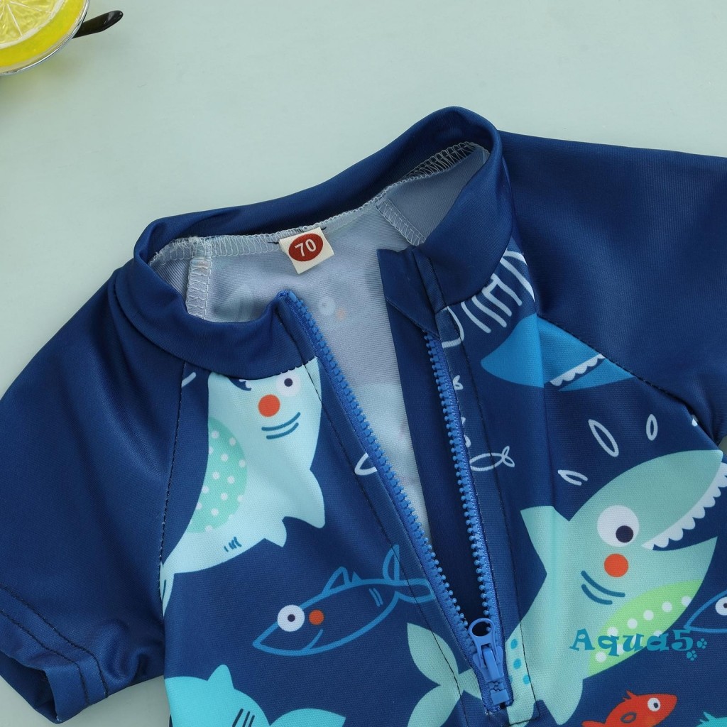 Aqq-toddler Boys Rash Guard ชุดว่ายน้ํา Playsuits Shark พิมพ์ซิปแขนสั้นชุดว่ายน้ําป้องกันแสงแดดพร้อมหมวกว่ายน้ําชุด - รูปที่ 4