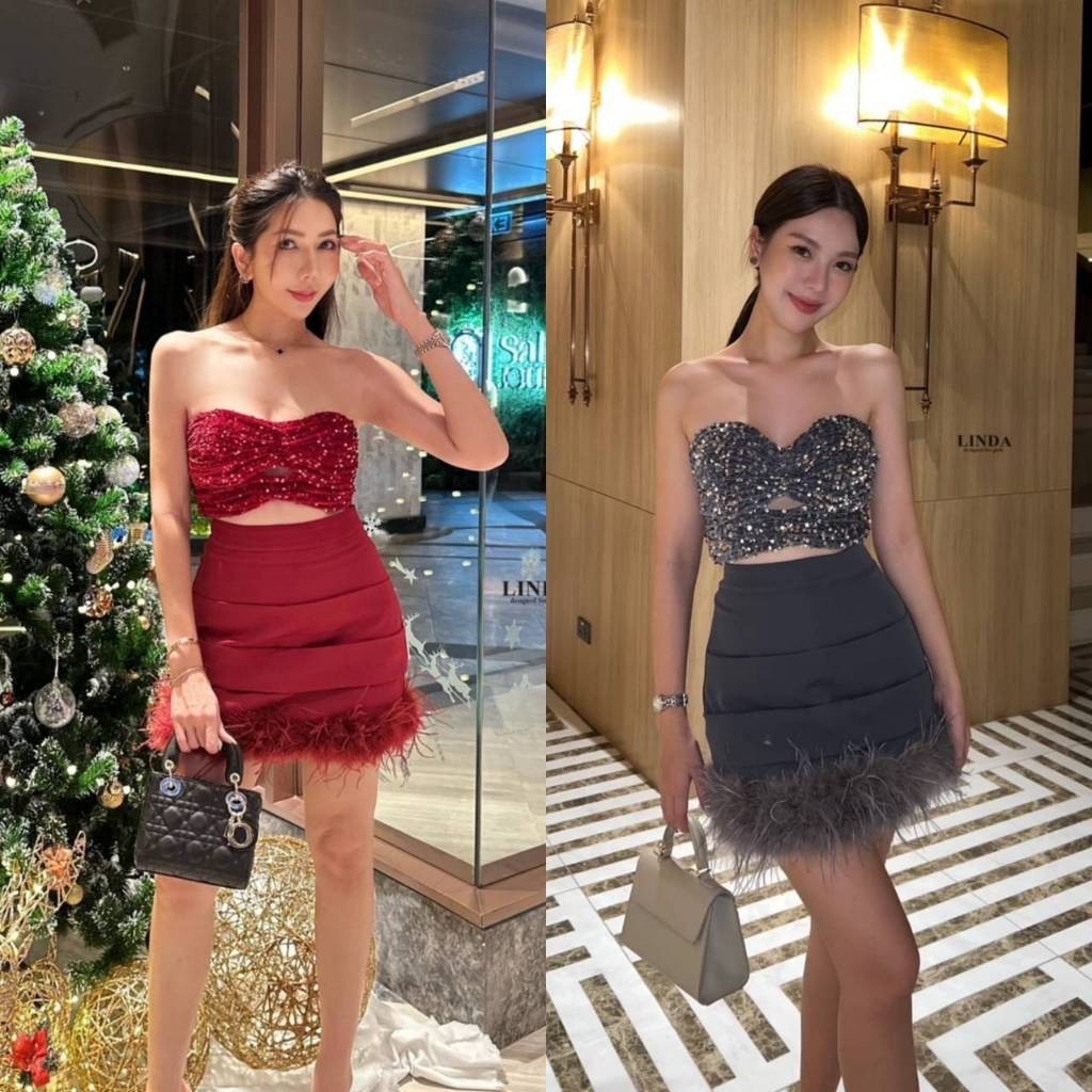 PD (พร้อมส่ง) Linda61 64 set เสื้อ + กระโปรง เสื้อเกาะอกแต่งเลื่อม  PD.shop