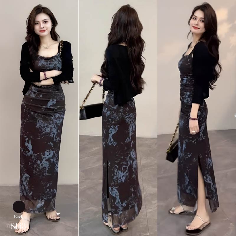 เดรสยาวทรงเอ สีดำ สายเดี่ยว ปรับสายได้ ลายกราฟิก จับจีบลำตัว แหวกข้างซ้าย ผ้าตาข่ายมีซับใน #8143