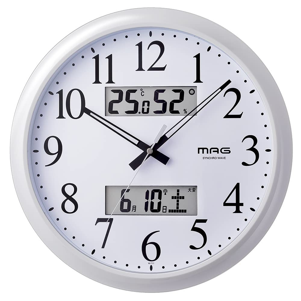MAG Wall Clock Analog with Thermometer Hygrometer Calendar Silent Continuous Second Hand 32cm Silver