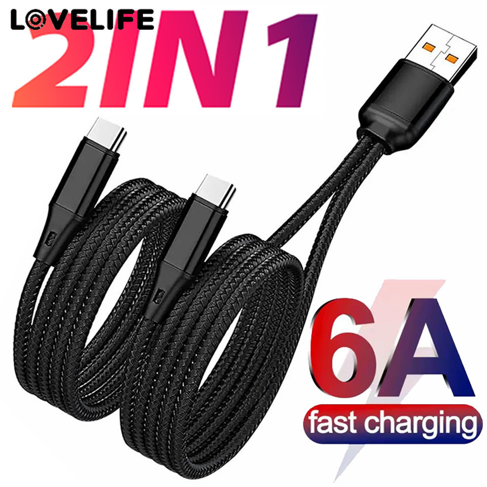 [AUTO&3C]สายชาร์จเร็ว Heavy Duty 6A 2-in-1 | ขั้วต่ออลูมิเนียมและถักป้องกันการพันกัน | การชาร์จพร้อมกัน USB A ถึง Type C สําหรับโทรศัพท์/แท็บเล็ต/แล็ปท็อป