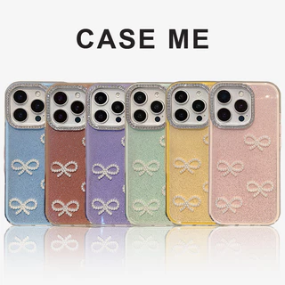 เกาหลี 3D Pearl Bowknot Glitter Diamond TPU เคสโทรศัพท์สําหรับ iPhone 16 15 14 Plus 13 12 11 Pro Max 15Pro 2 IN 1 Thicken ป้องกันมือถือกลับปลอก