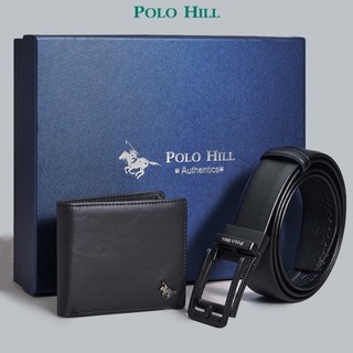 POLO HILL Men Gift Box Bundle Set Genuine Leather RFID Secured Wallet Automatic Buckle Belt PMAS002