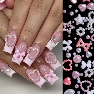 Mixed Sized Hollow Out Pink White Pearl Star Heart Shaped Charms 3D Nail Art Decorative