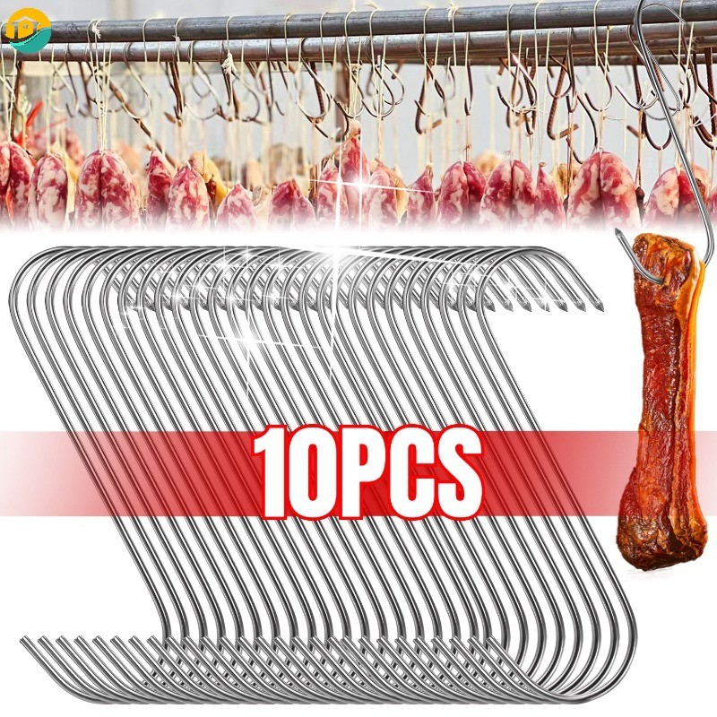 10 ชิ้นแขวนเนื้อสแตนเลสตะขอรูปตัว S Sharp ปลายแหลมตะขออาหารสําหรับงานหนักสําหรับบาร์บีคิวหมูไส้กรอกเบคอนแฮม
