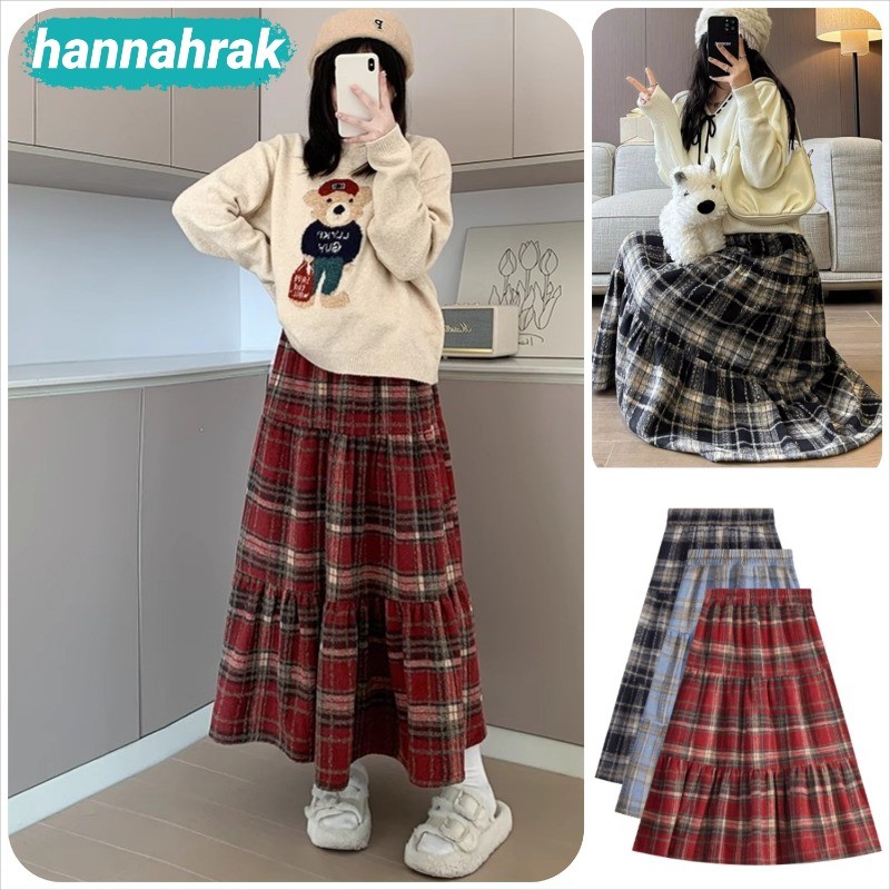 (ส่งจากกรุงเทพฯ)กระโปรงเส้นโครงสร้างลายสก๊อตหรูหราสำหรับผู้หญิง ผ้าไหมพรมหนา มีซับด้านใน สไตล์เกาหลี